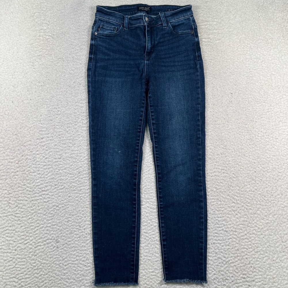 Judy Blue Jeans Womens 5/27 Skinny Fit Mid Rise Raw Hem Dark Wash Denim Blue